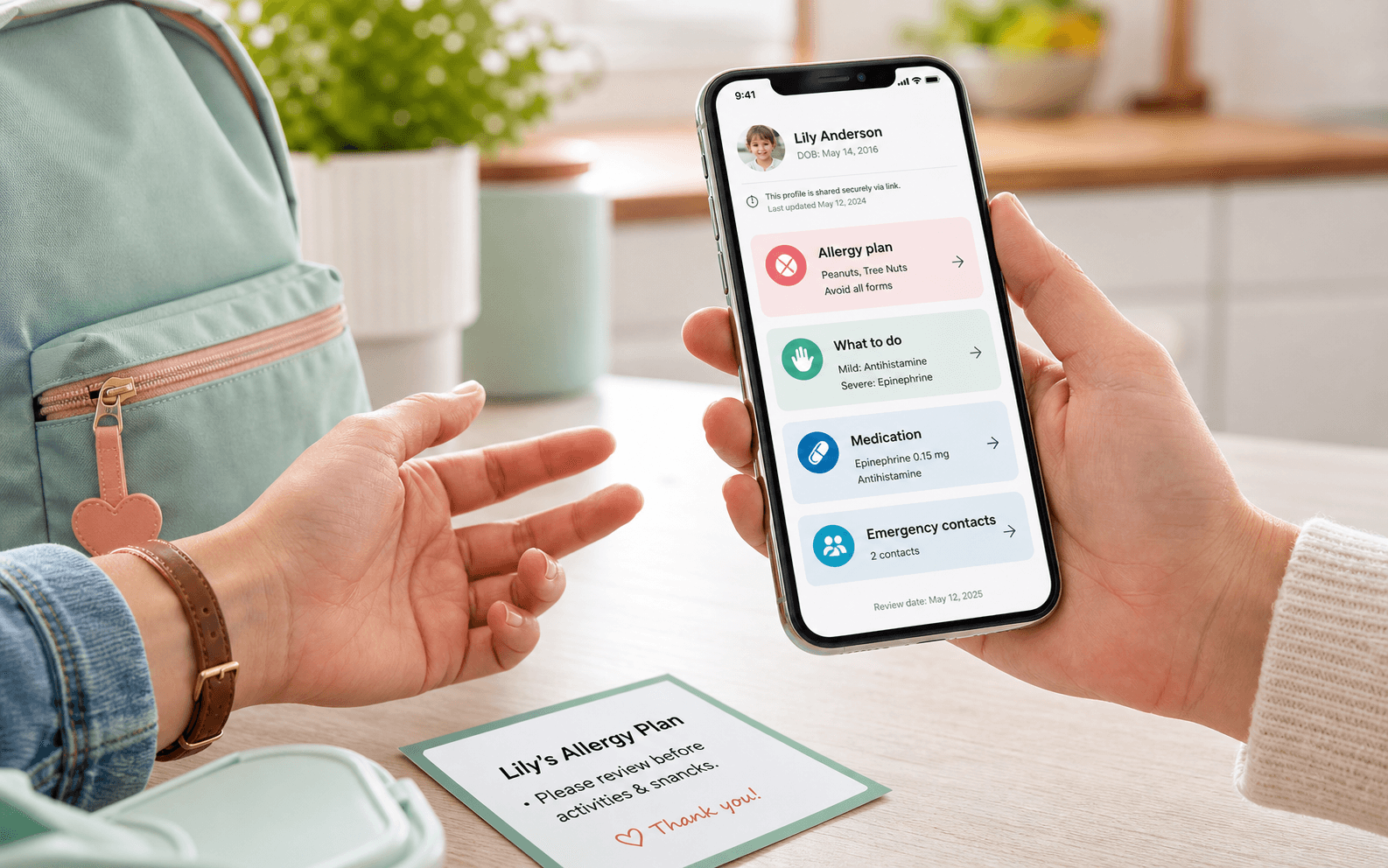 A phone showing a child allergy profile being shared with a caregiver